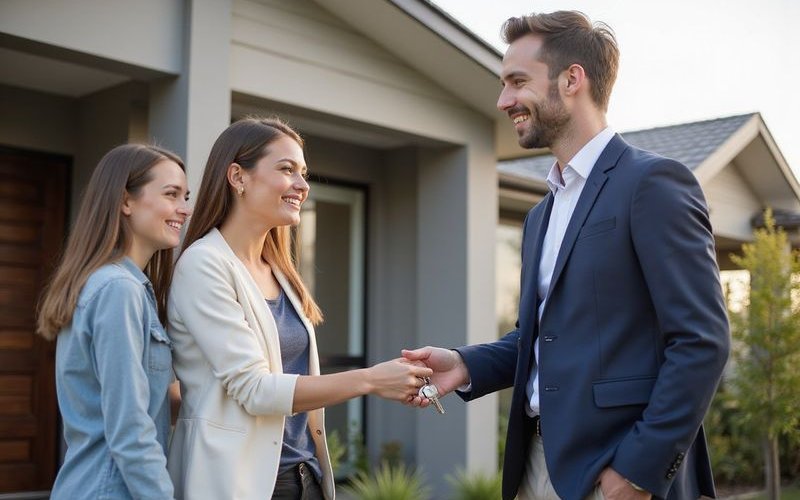 Happy couple receiving keys to first home